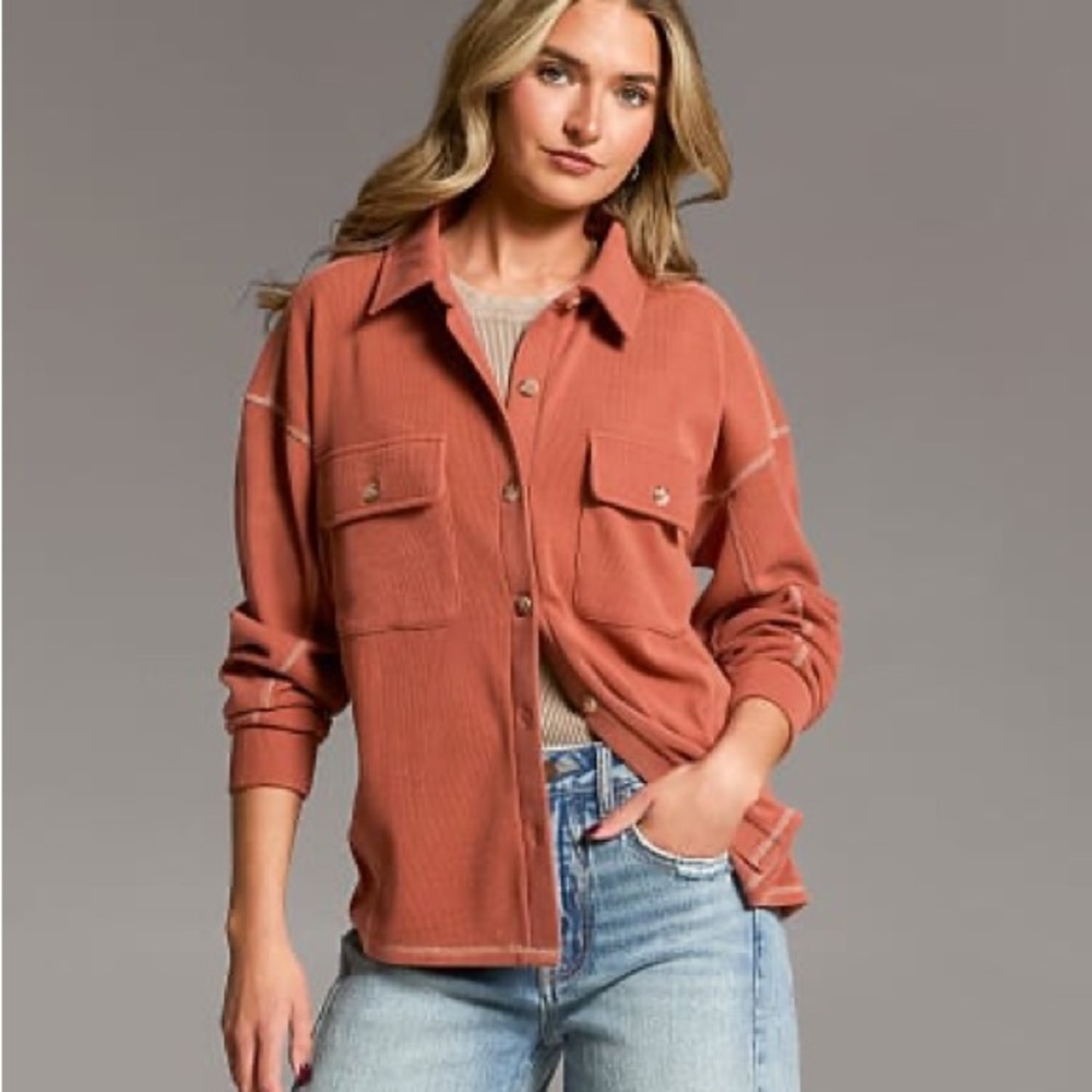 Buckle Rust-Tone Button Front Utility Shirt Jacket